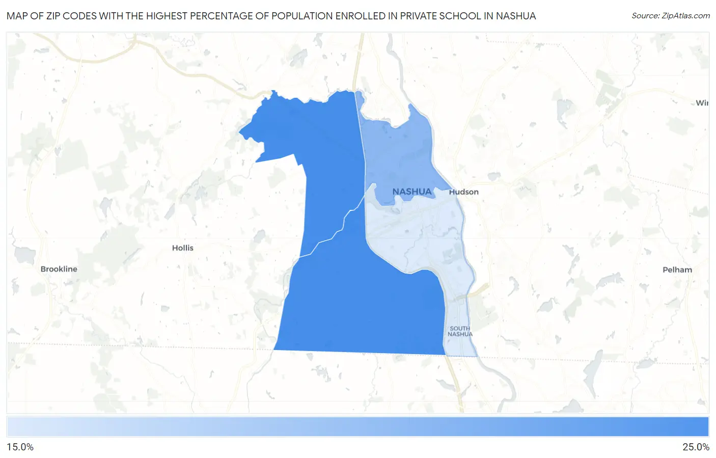 Zip Codes with the Highest Percentage of Population Enrolled in Private School in Nashua Map