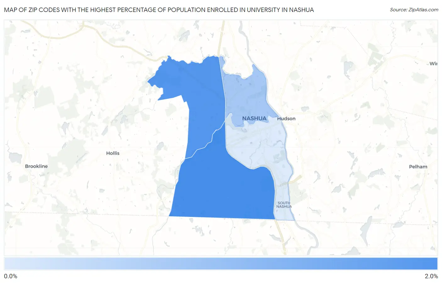 Zip Codes with the Highest Percentage of Population Enrolled in University in Nashua Map