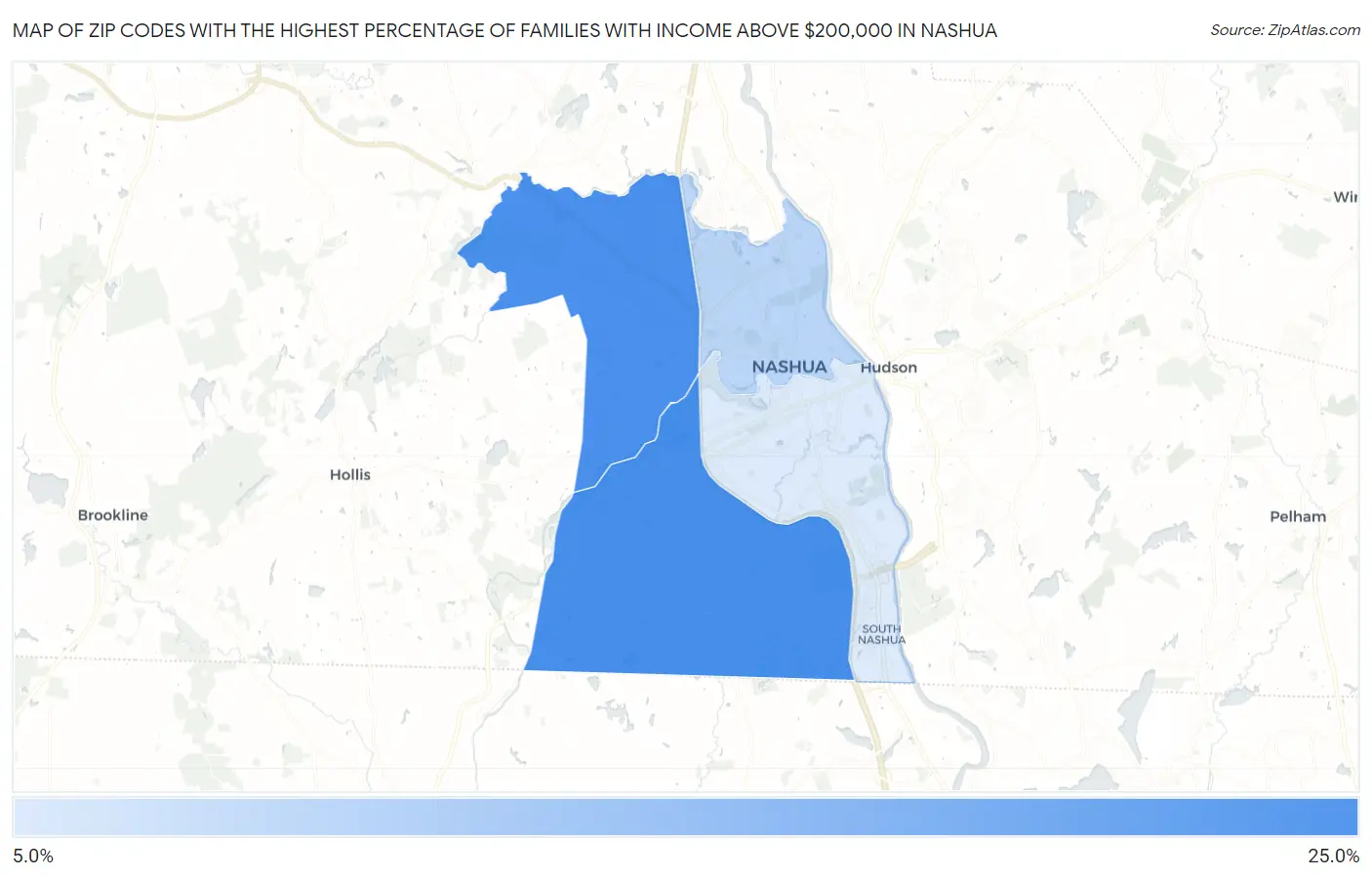 Zip Codes with the Highest Percentage of Families with Income Above $200,000 in Nashua Map