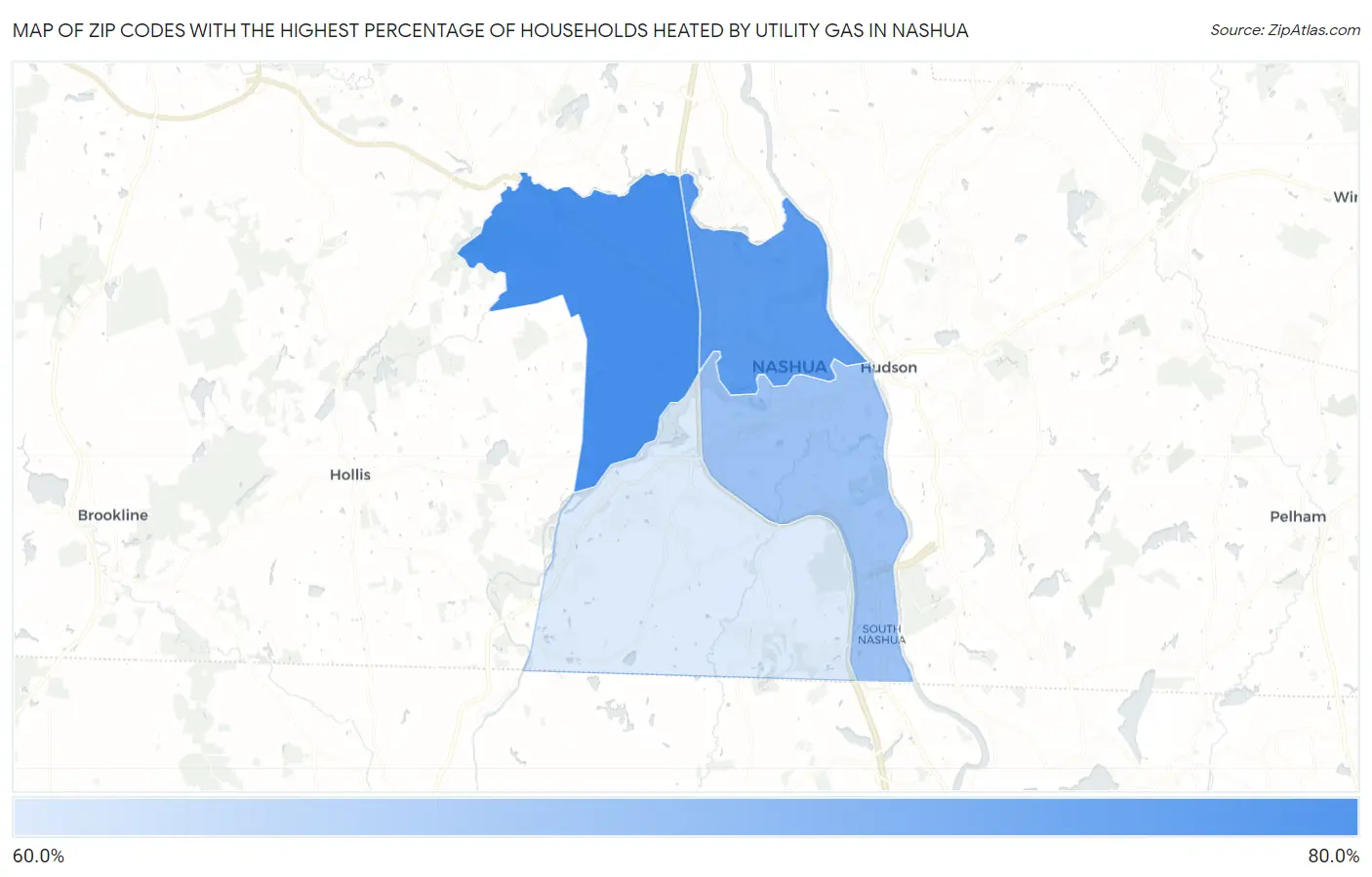 Zip Codes with the Highest Percentage of Households Heated by Utility Gas in Nashua Map