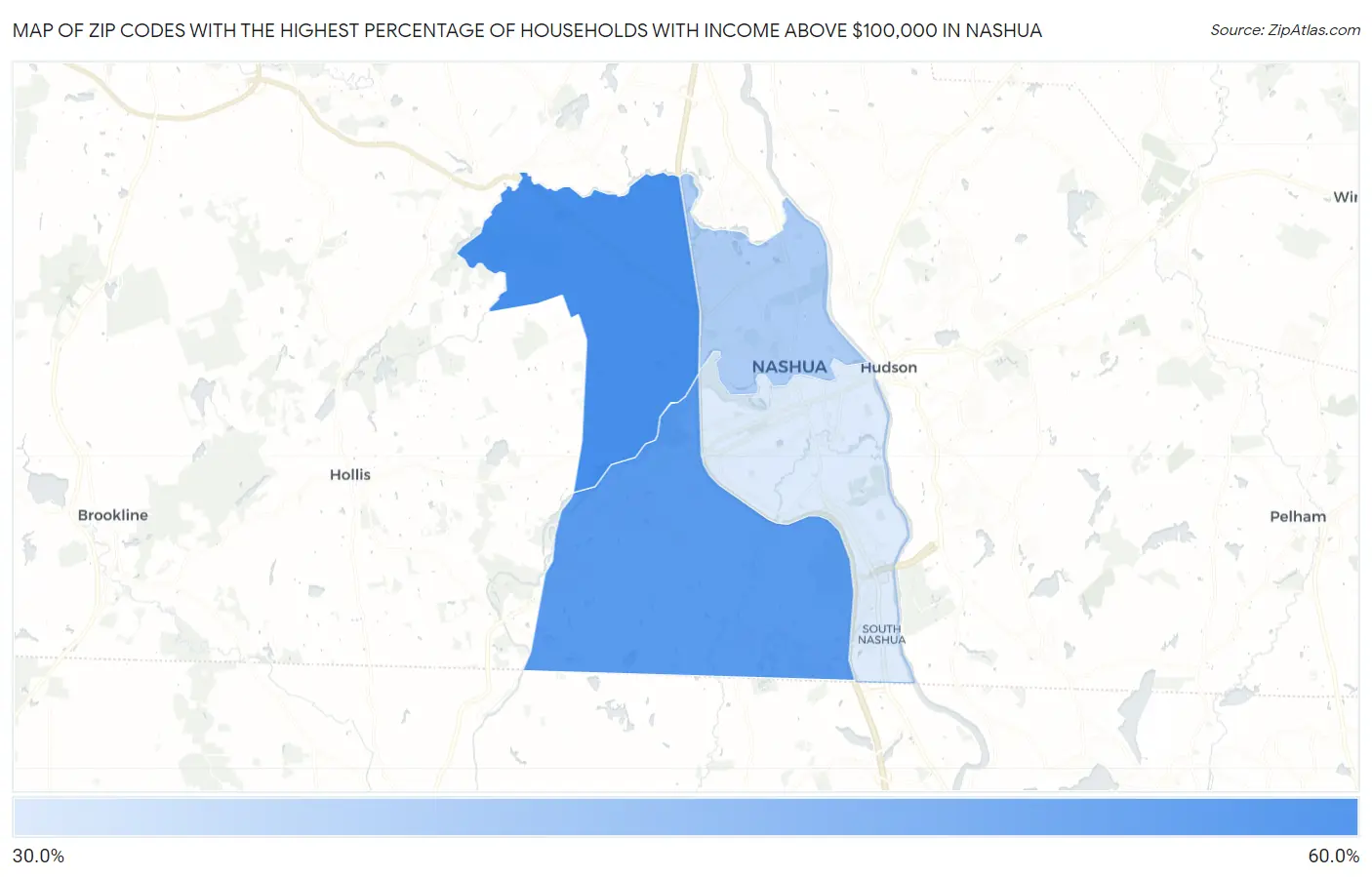 Zip Codes with the Highest Percentage of Households with Income Above $100,000 in Nashua Map