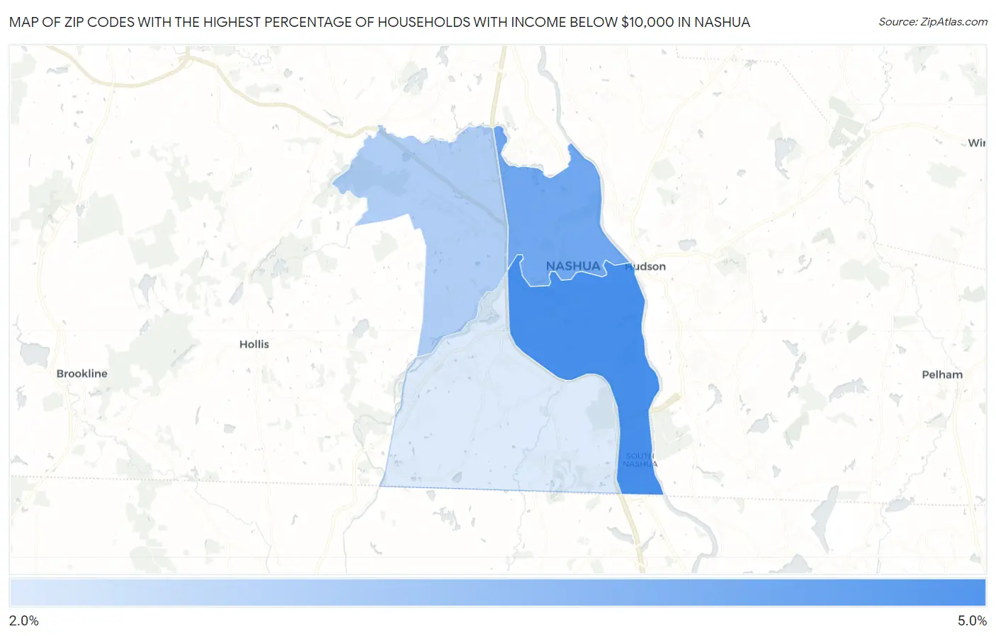 Zip Codes with the Highest Percentage of Households with Income Below $10,000 in Nashua Map