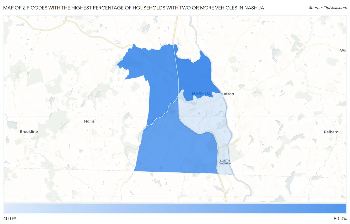 Zip Codes with the Highest Percentage of Households With Two or more Vehicles in Nashua Map