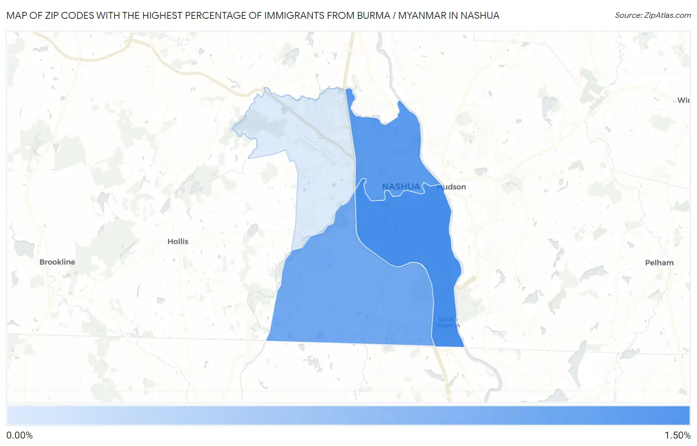 Zip Codes with the Highest Percentage of Immigrants from Burma / Myanmar in Nashua Map