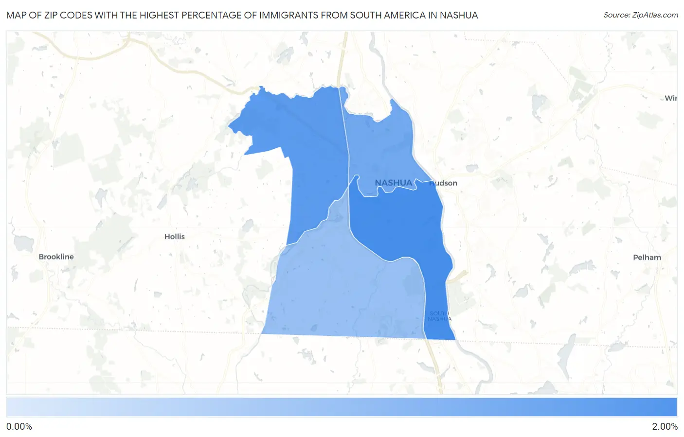 Zip Codes with the Highest Percentage of Immigrants from South America in Nashua Map