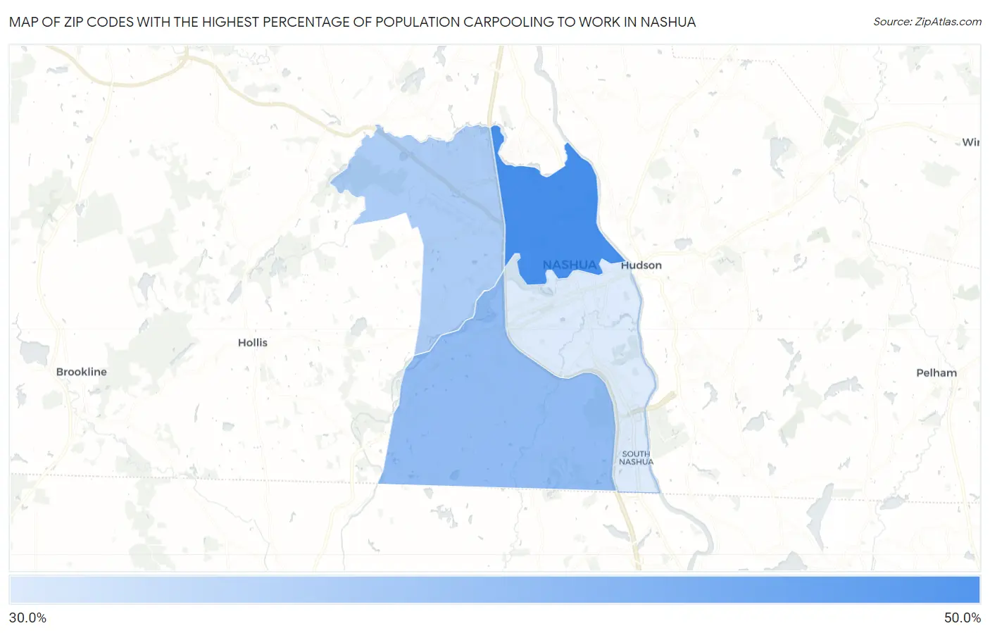Zip Codes with the Highest Percentage of Population Carpooling to Work in Nashua Map