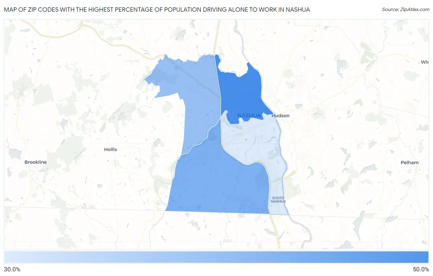 Zip Codes with the Highest Percentage of Population Driving Alone to Work in Nashua Map