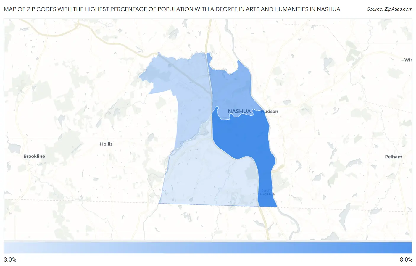 Zip Codes with the Highest Percentage of Population with a Degree in Arts and Humanities in Nashua Map
