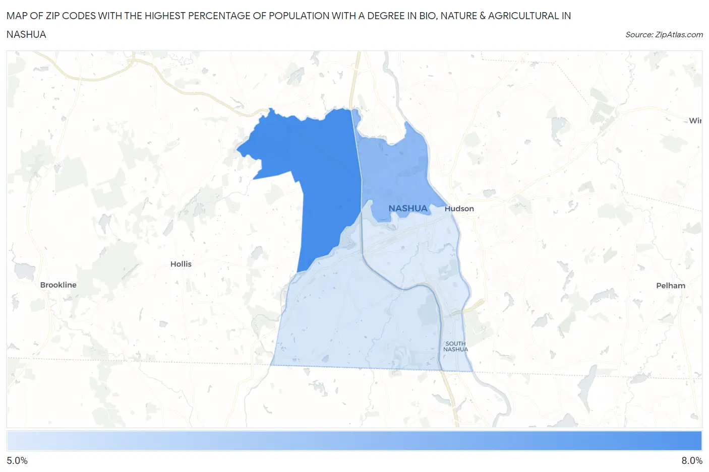 Zip Codes with the Highest Percentage of Population with a Degree in Bio, Nature & Agricultural in Nashua Map