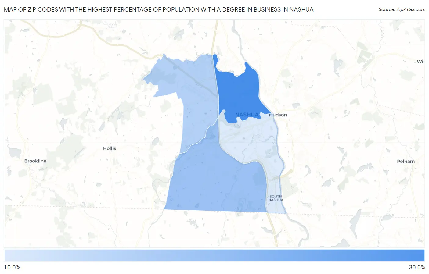 Zip Codes with the Highest Percentage of Population with a Degree in Business in Nashua Map