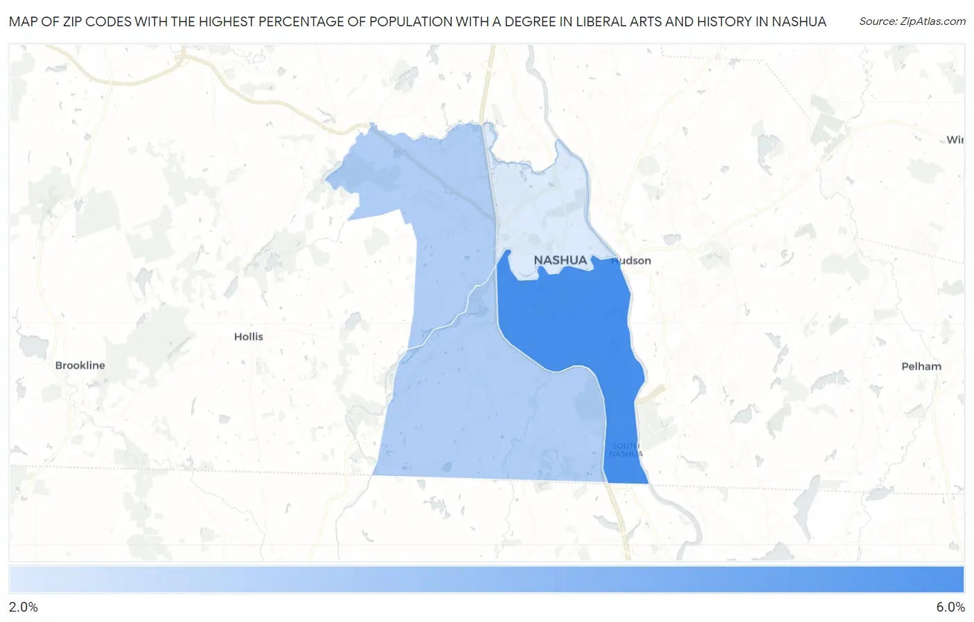 Zip Codes with the Highest Percentage of Population with a Degree in Liberal Arts and History in Nashua Map