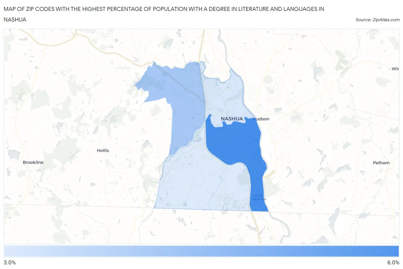 Zip Codes with the Highest Percentage of Population with a Degree in Literature and Languages in Nashua Map