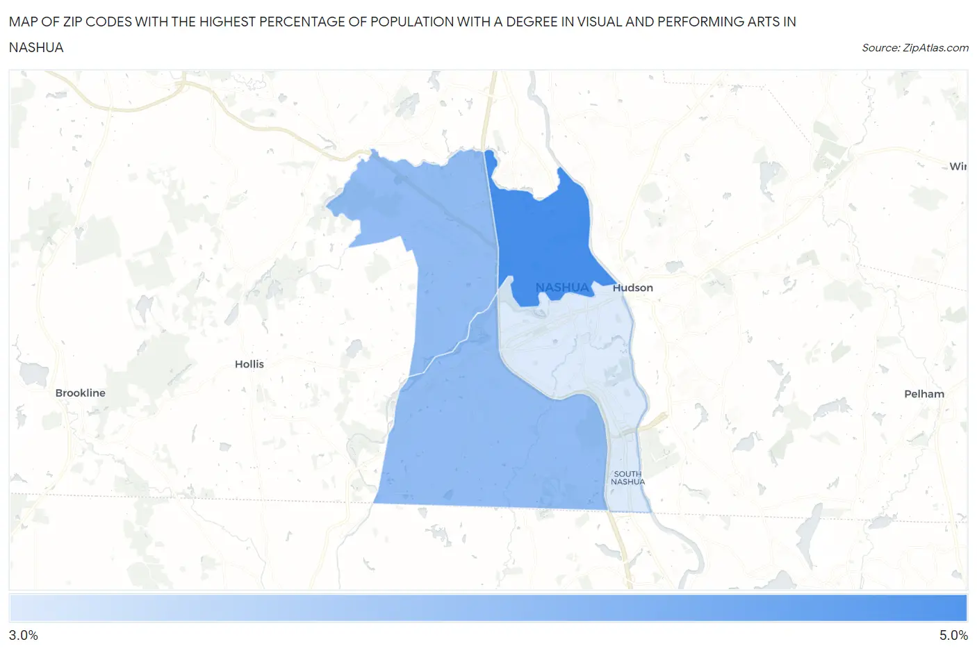 Zip Codes with the Highest Percentage of Population with a Degree in Visual and Performing Arts in Nashua Map
