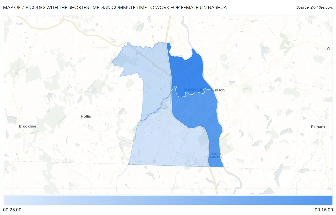 Zip Codes with the Shortest Median Commute Time to Work for Females in Nashua Map