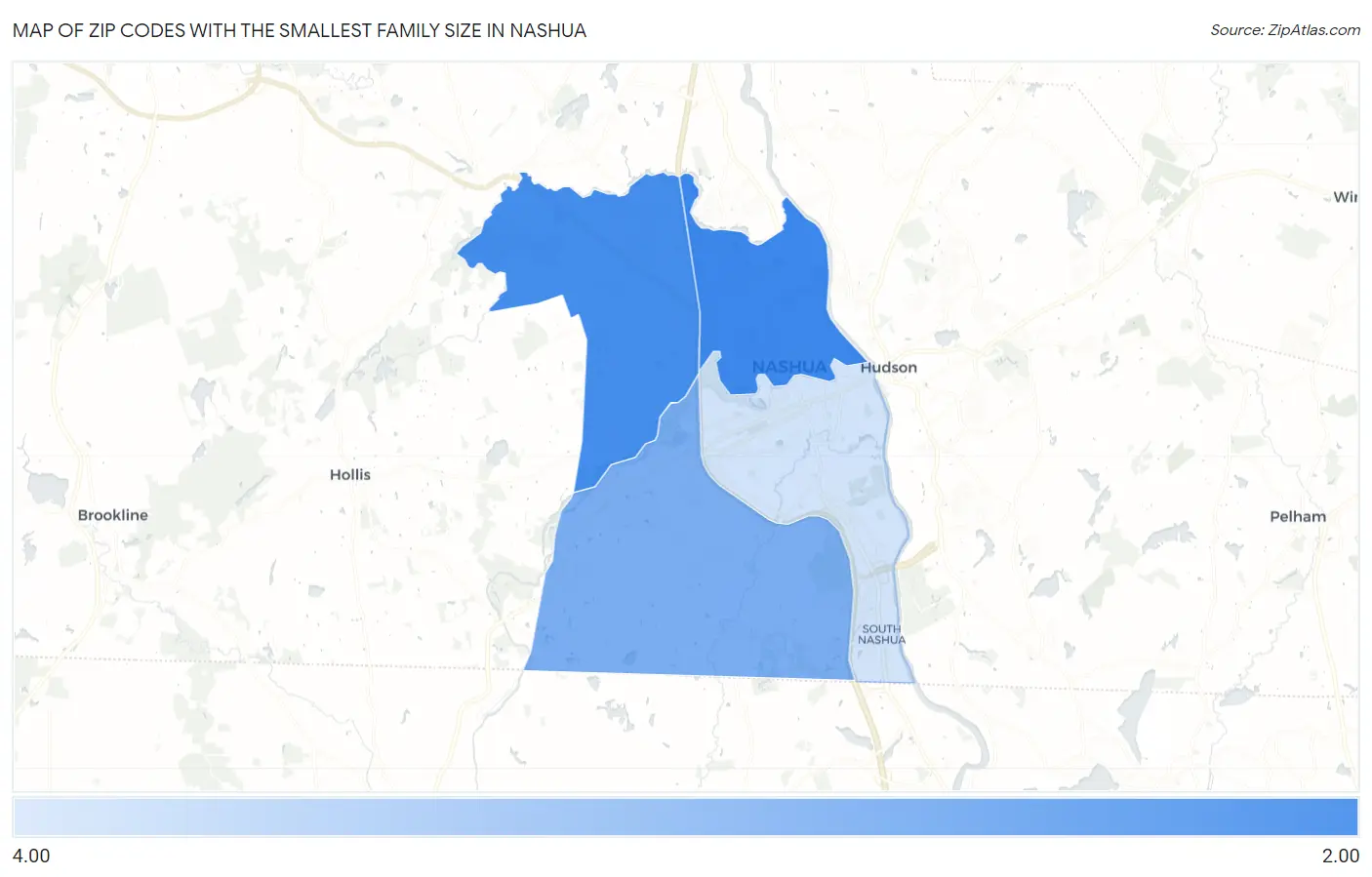 Zip Codes with the Smallest Family Size in Nashua Map