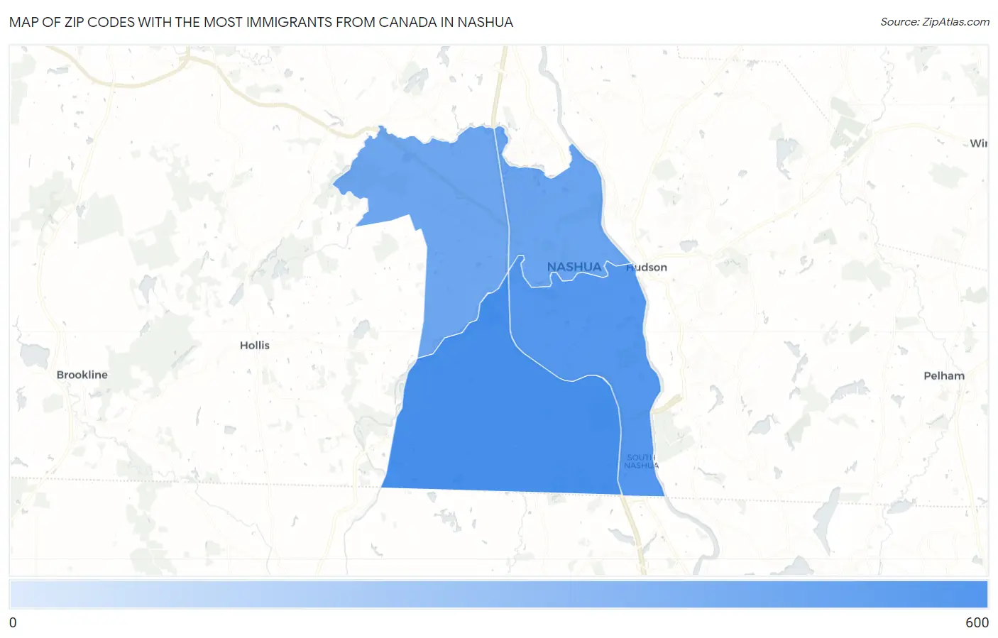 Zip Codes with the Most Immigrants from Canada in Nashua Map