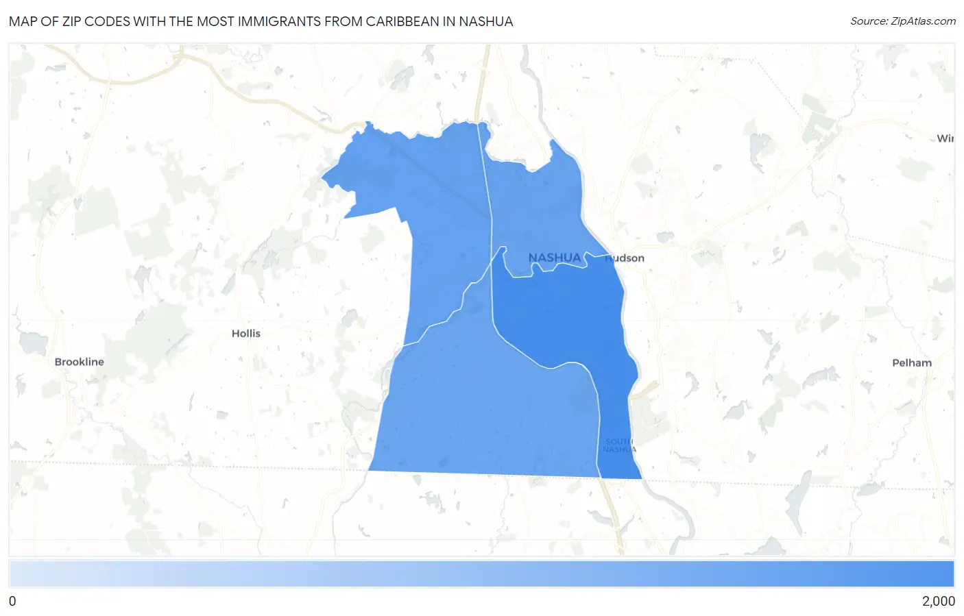 Zip Codes with the Most Immigrants from Caribbean in Nashua Map