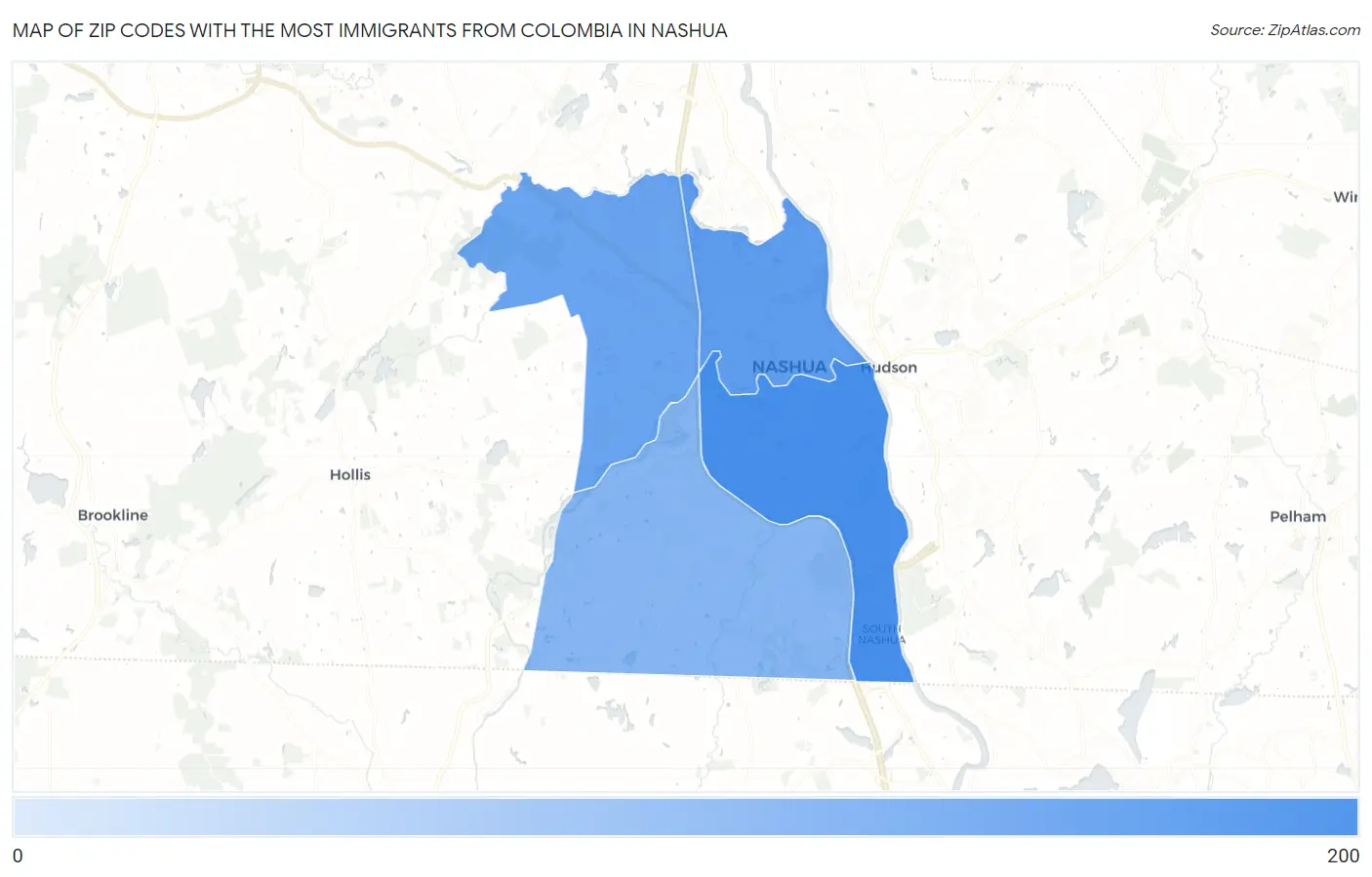Zip Codes with the Most Immigrants from Colombia in Nashua Map