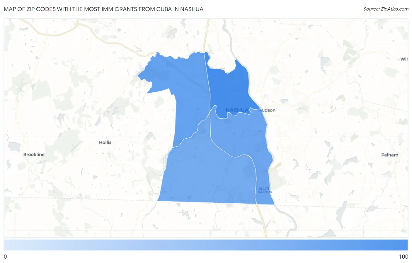 Zip Codes with the Most Immigrants from Cuba in Nashua Map