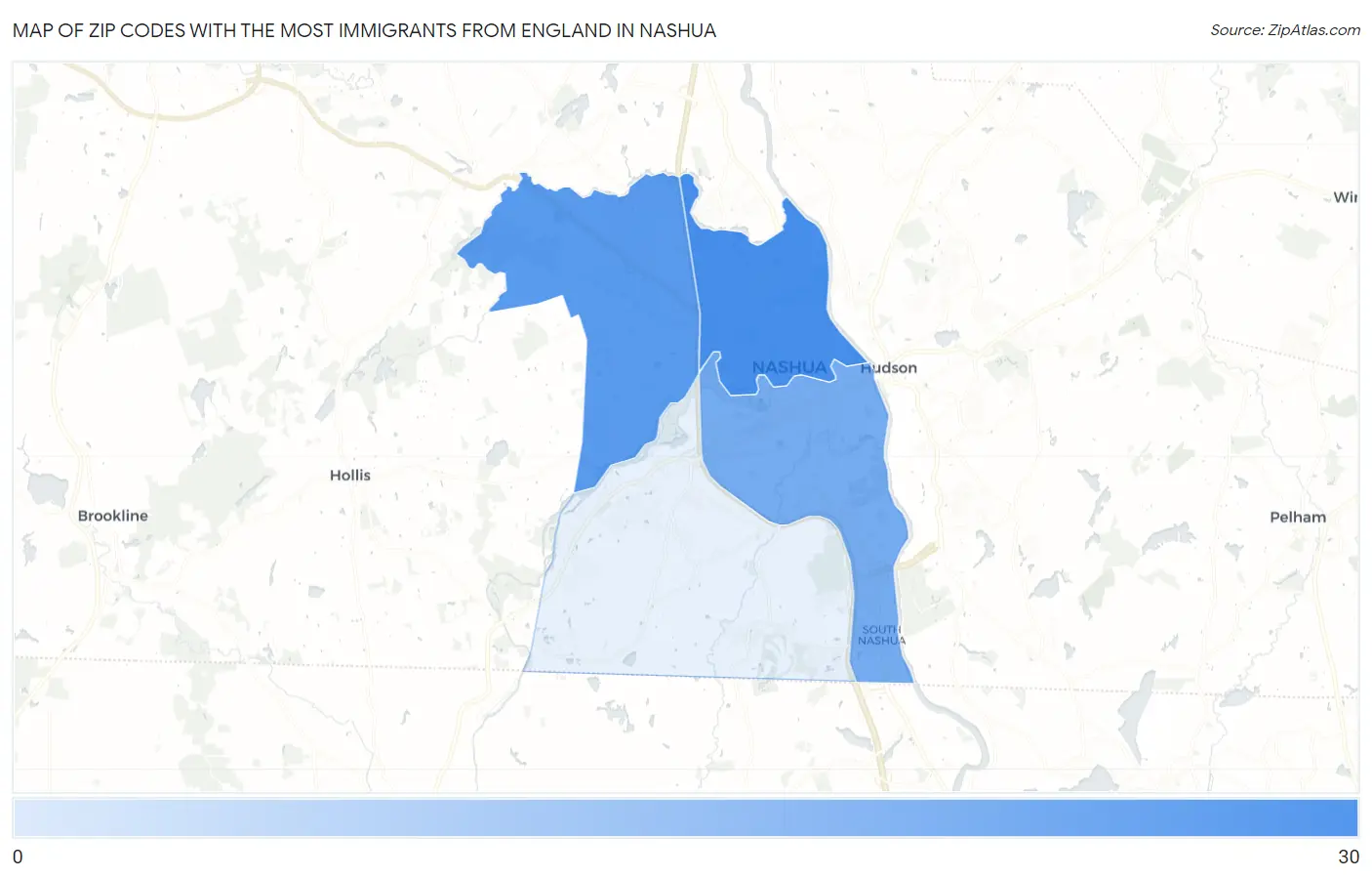 Zip Codes with the Most Immigrants from England in Nashua Map