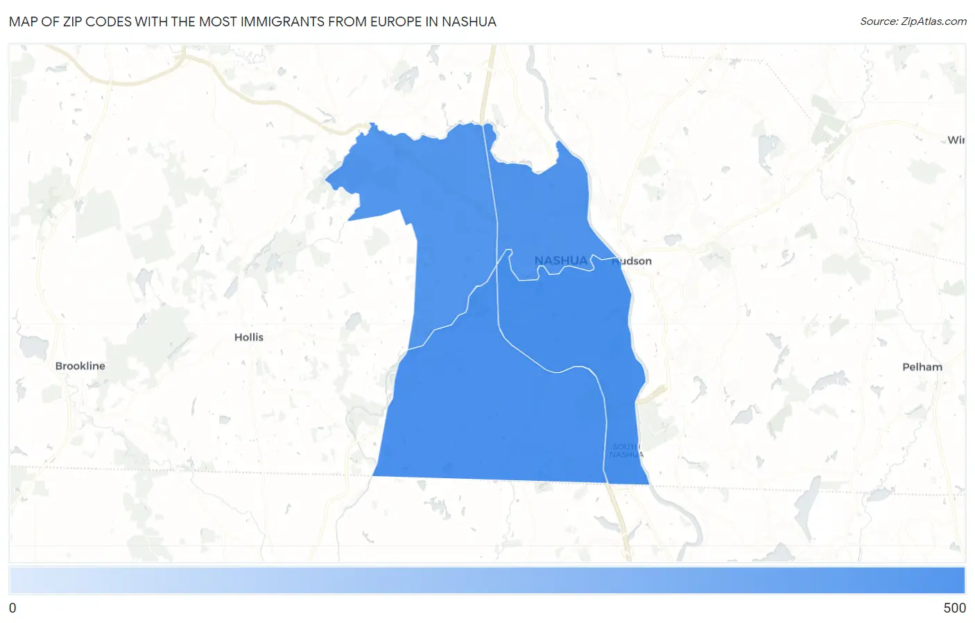 Zip Codes with the Most Immigrants from Europe in Nashua Map