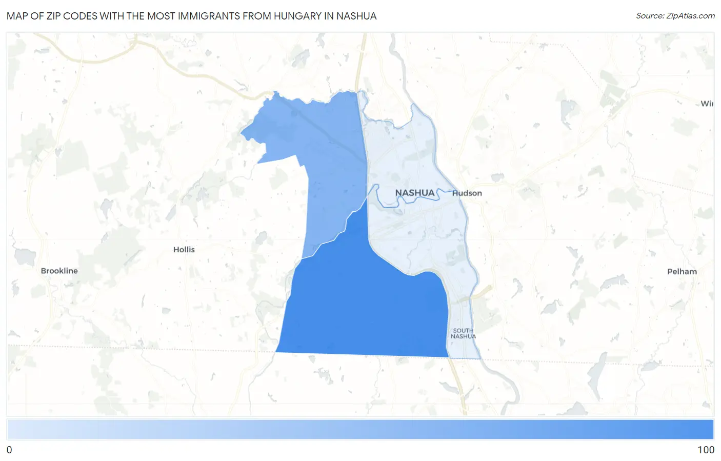 Zip Codes with the Most Immigrants from Hungary in Nashua Map