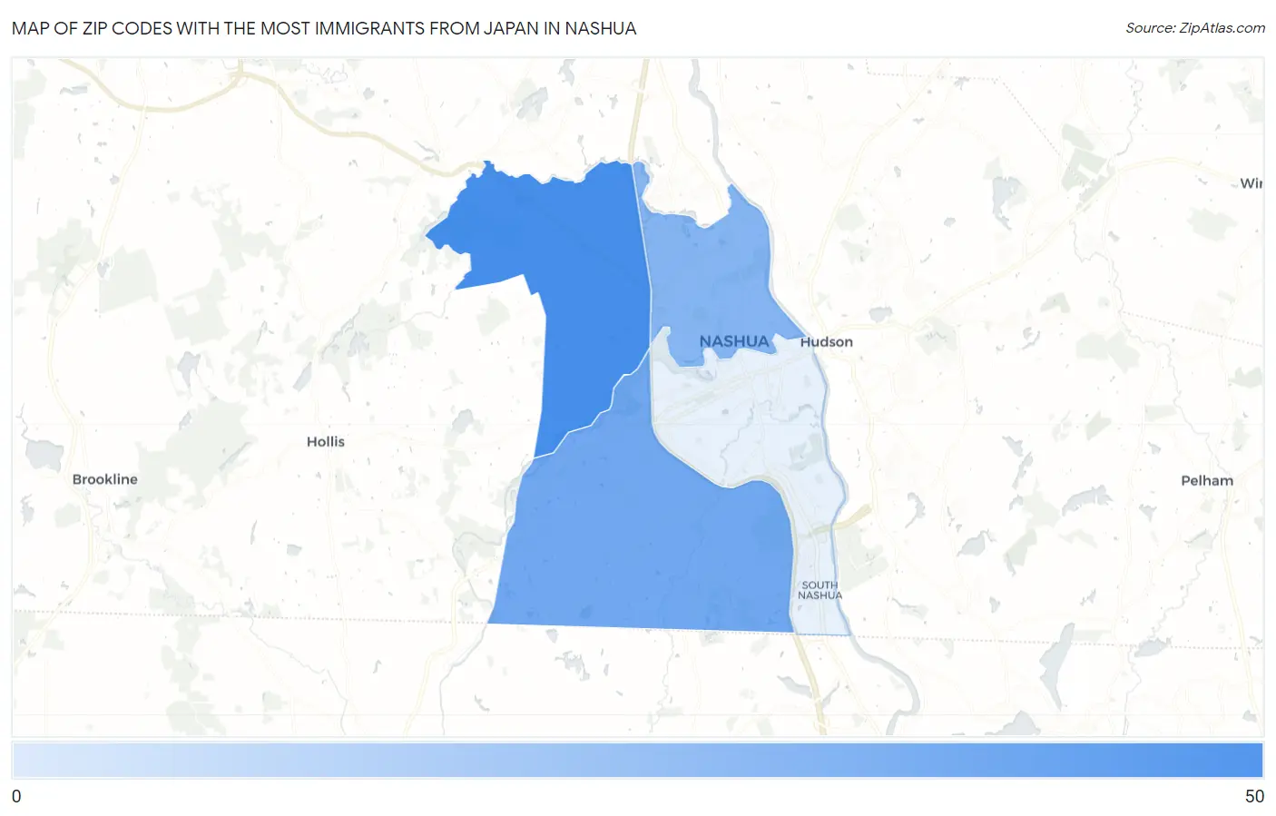 Zip Codes with the Most Immigrants from Japan in Nashua Map