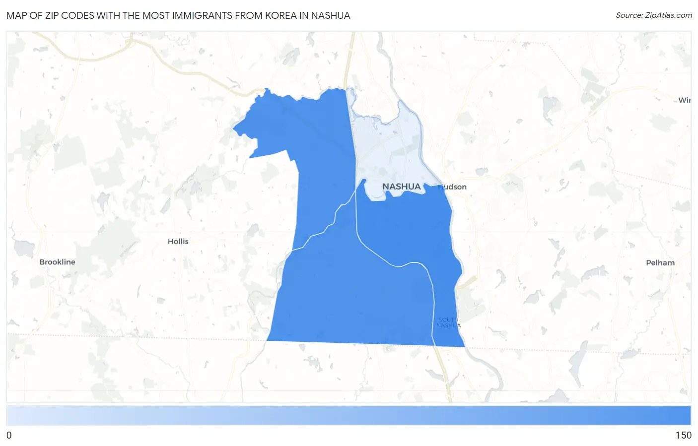 Zip Codes with the Most Immigrants from Korea in Nashua Map