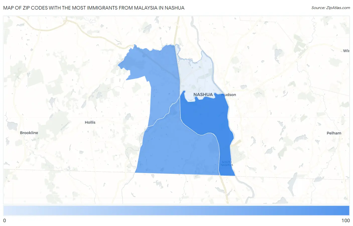 Zip Codes with the Most Immigrants from Malaysia in Nashua Map