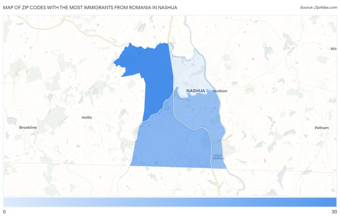 Zip Codes with the Most Immigrants from Romania in Nashua Map