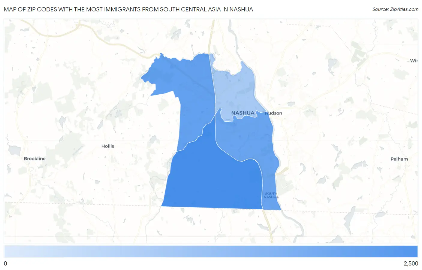 Zip Codes with the Most Immigrants from South Central Asia in Nashua Map