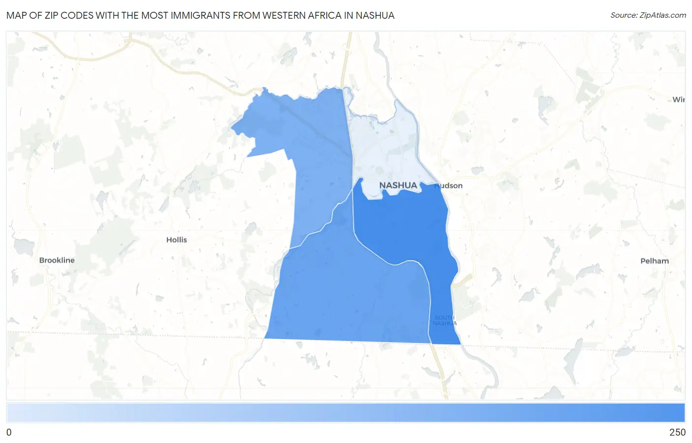 Zip Codes with the Most Immigrants from Western Africa in Nashua Map