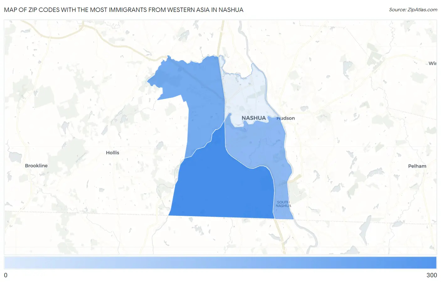 Zip Codes with the Most Immigrants from Western Asia in Nashua Map