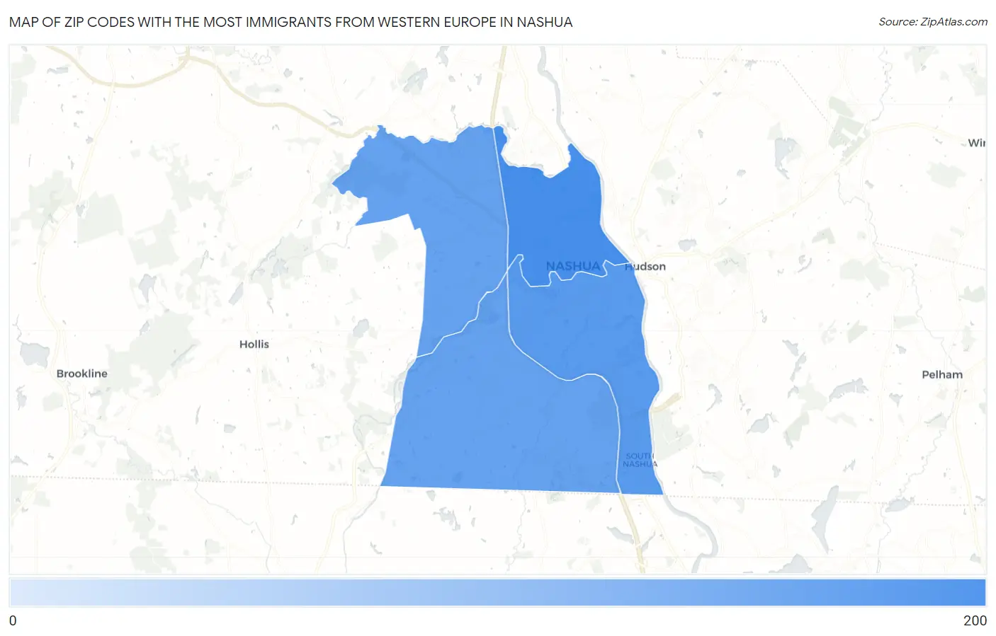 Zip Codes with the Most Immigrants from Western Europe in Nashua Map