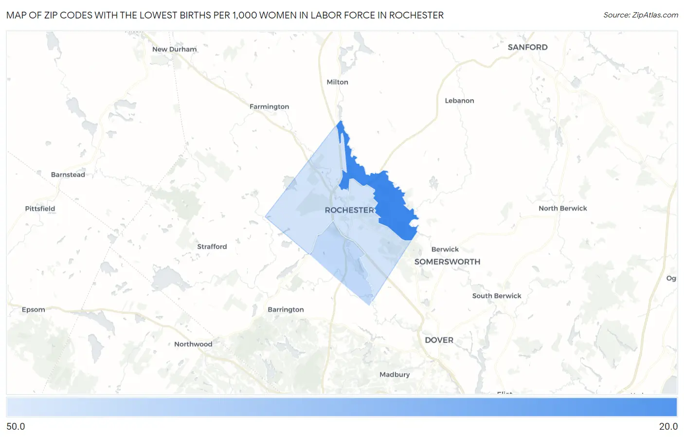 Zip Codes with the Lowest Births per 1,000 Women in Labor Force in Rochester Map