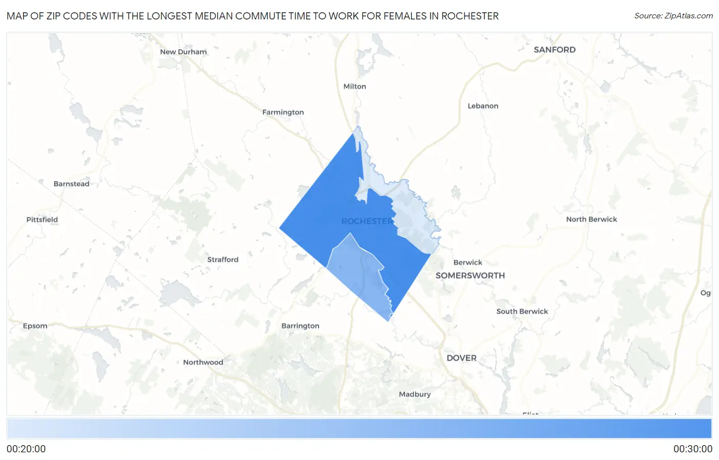 Zip Codes with the Longest Median Commute Time to Work for Females in Rochester Map