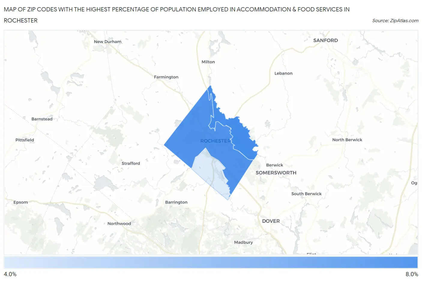 Zip Codes with the Highest Percentage of Population Employed in Accommodation & Food Services in Rochester Map