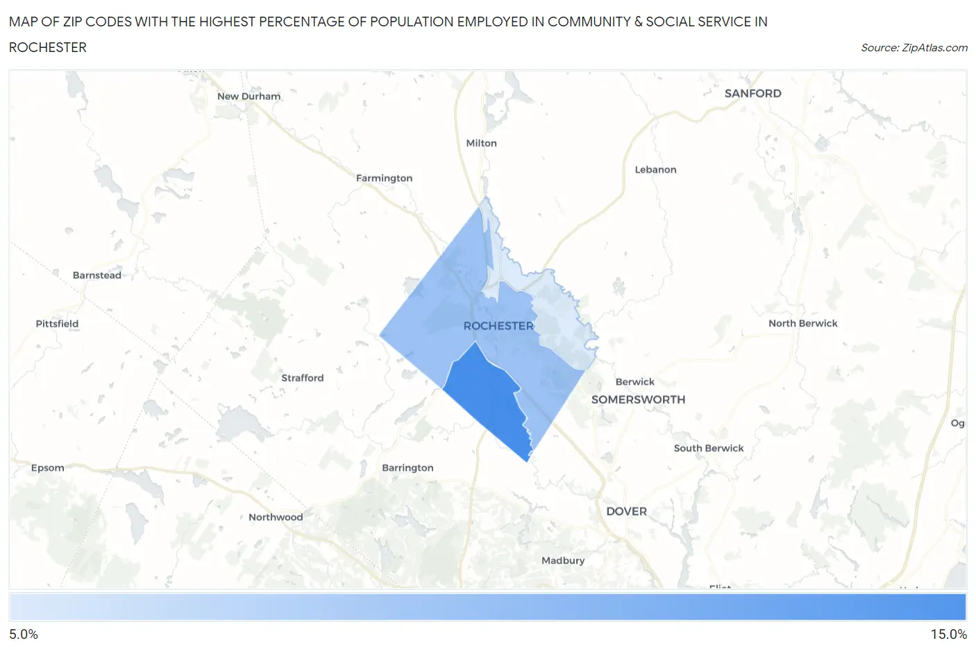 Zip Codes with the Highest Percentage of Population Employed in Community & Social Service  in Rochester Map