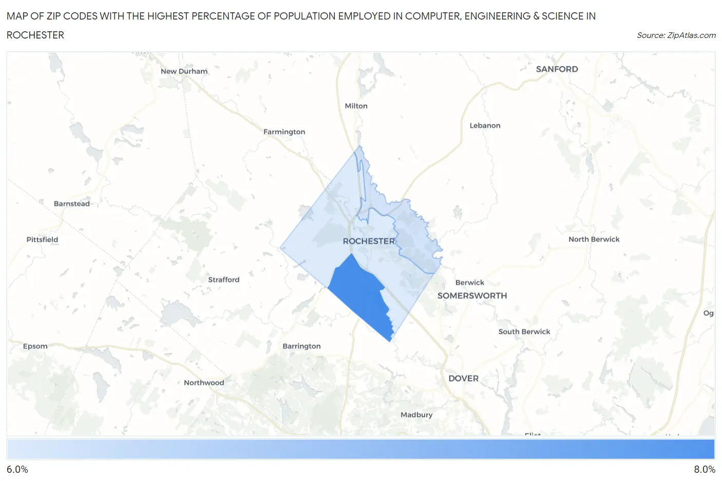 Zip Codes with the Highest Percentage of Population Employed in Computer, Engineering & Science in Rochester Map