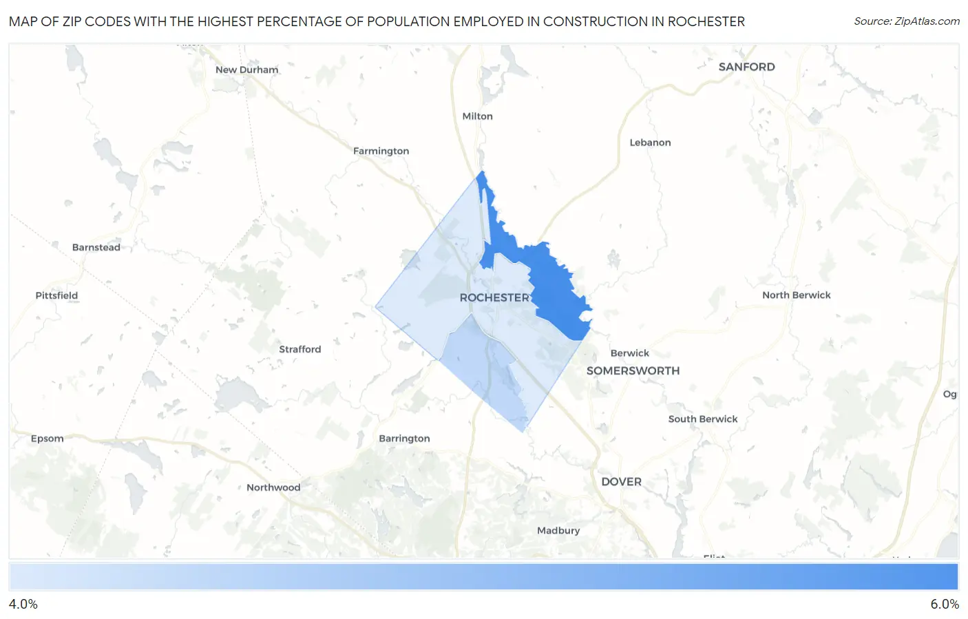 Zip Codes with the Highest Percentage of Population Employed in Construction in Rochester Map