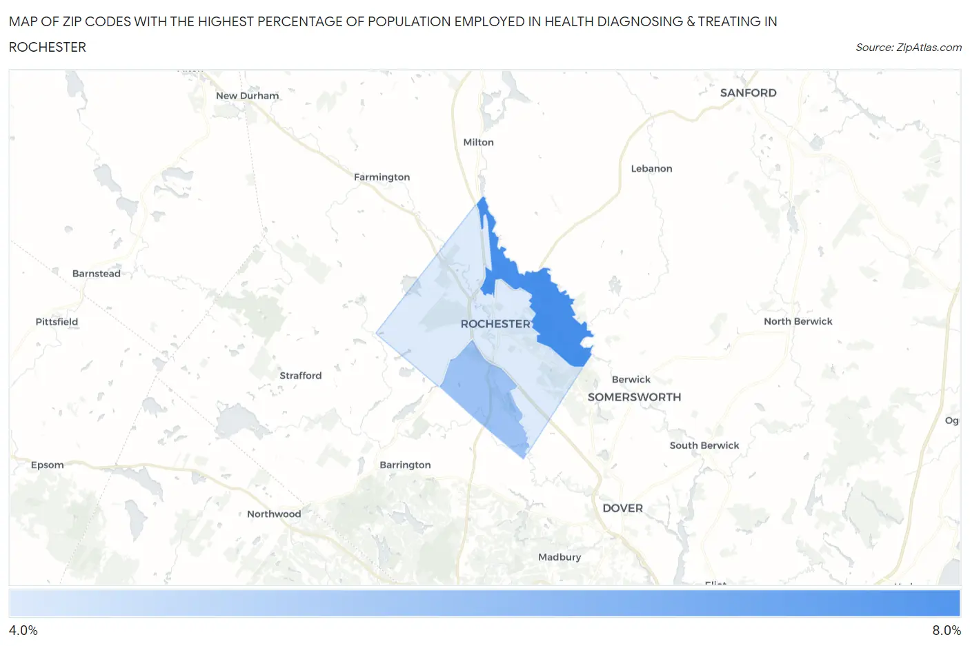 Zip Codes with the Highest Percentage of Population Employed in Health Diagnosing & Treating in Rochester Map