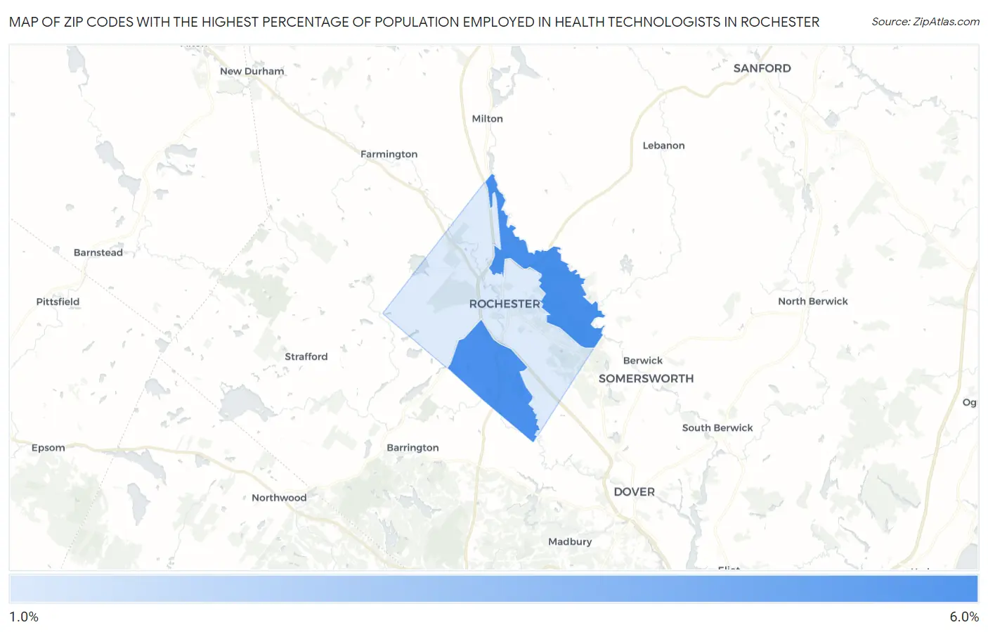 Zip Codes with the Highest Percentage of Population Employed in Health Technologists in Rochester Map