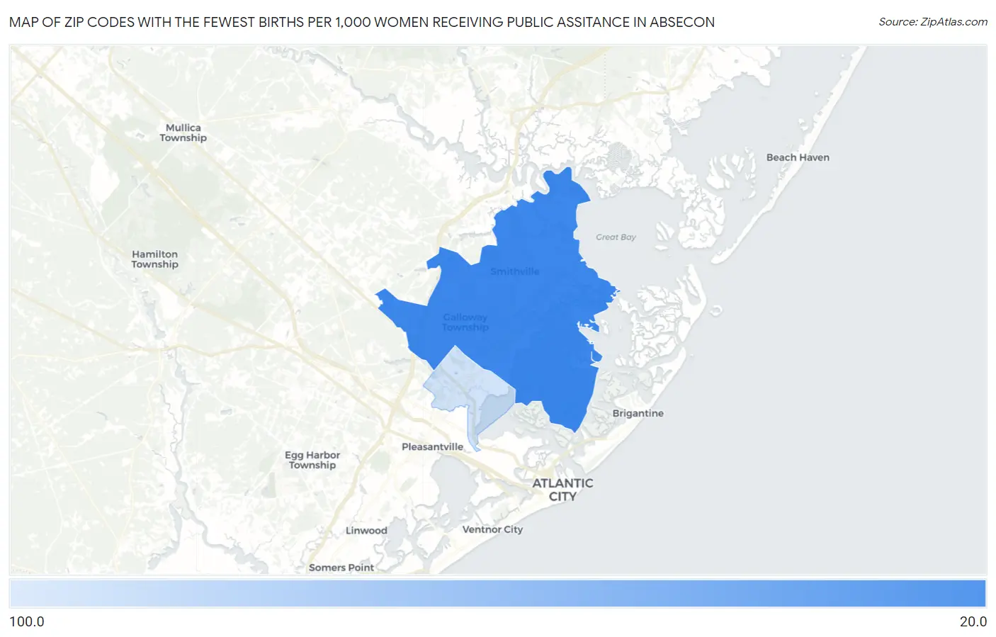 Zip Codes with the Fewest Births per 1,000 Women Receiving Public Assitance in Absecon Map