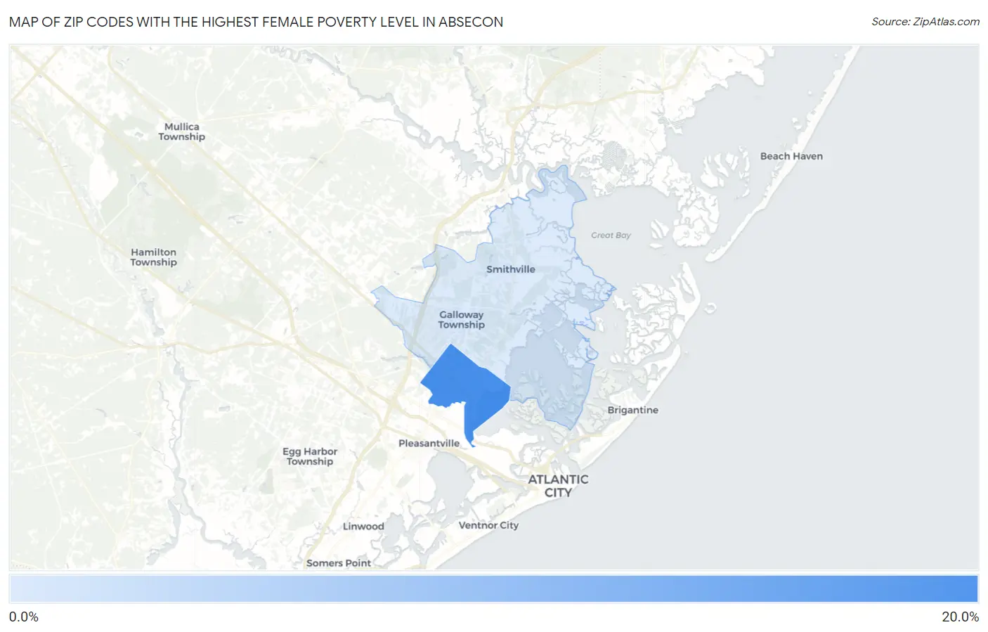 Zip Codes with the Highest Female Poverty Level in Absecon Map