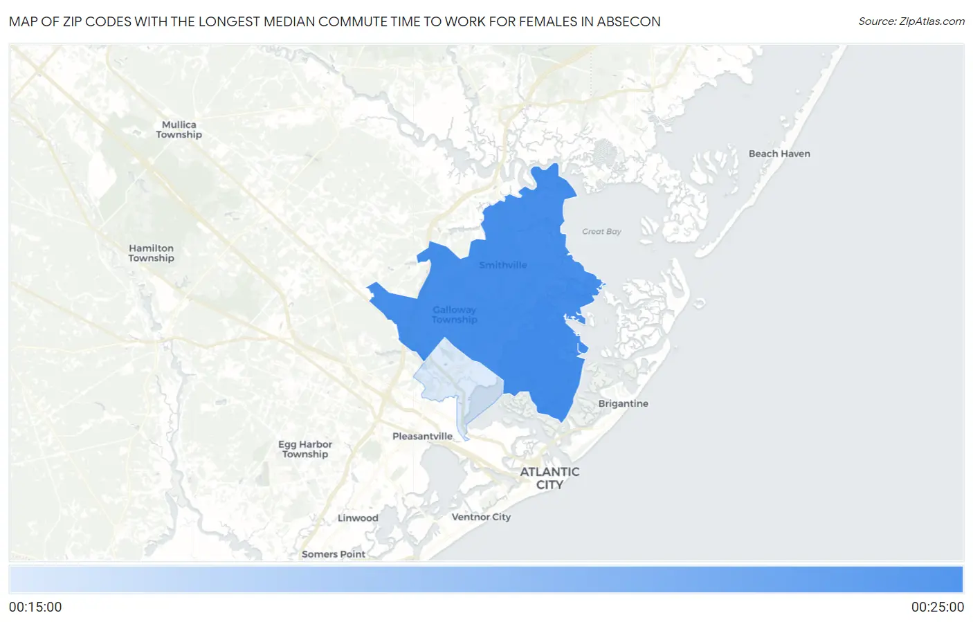 Zip Codes with the Longest Median Commute Time to Work for Females in Absecon Map