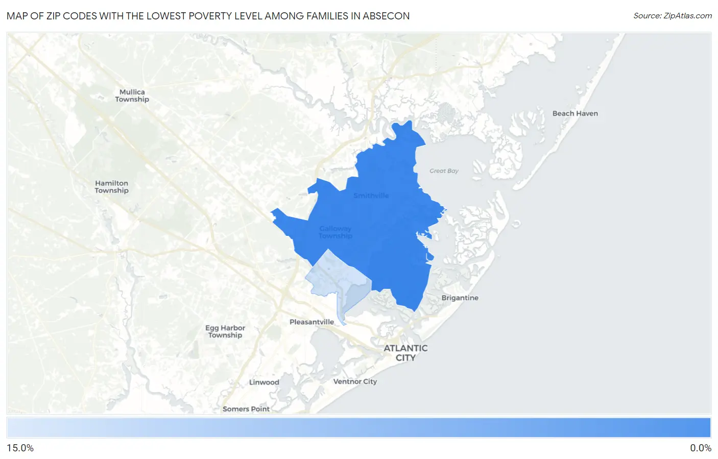 Zip Codes with the Lowest Poverty Level Among Families in Absecon Map