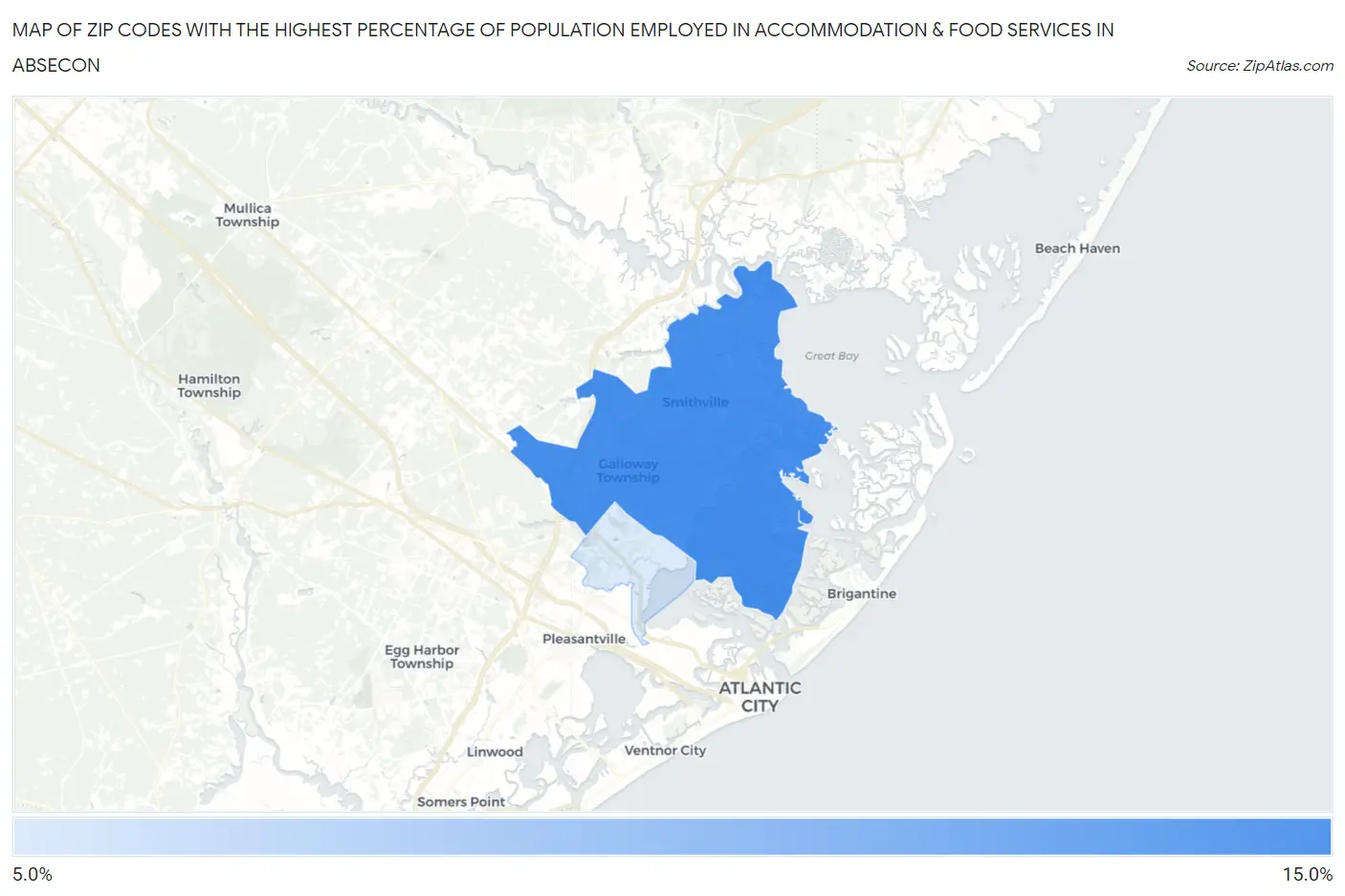Zip Codes with the Highest Percentage of Population Employed in Accommodation & Food Services in Absecon Map