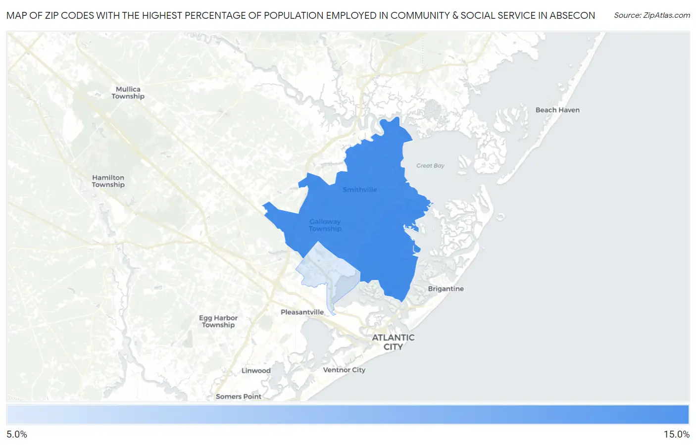 Zip Codes with the Highest Percentage of Population Employed in Community & Social Service  in Absecon Map