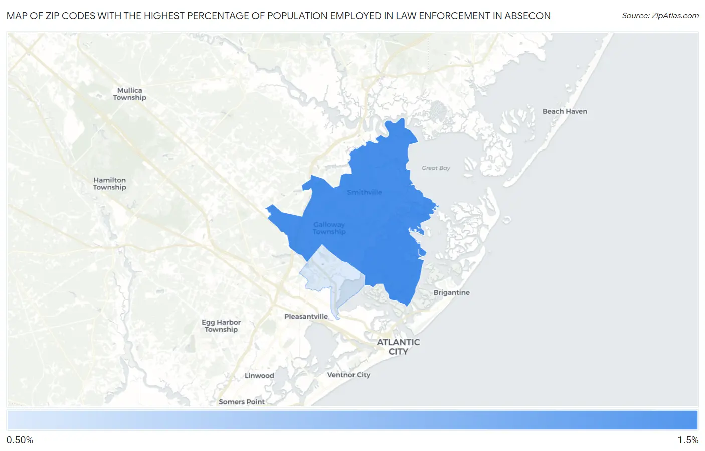 Zip Codes with the Highest Percentage of Population Employed in Law Enforcement in Absecon Map