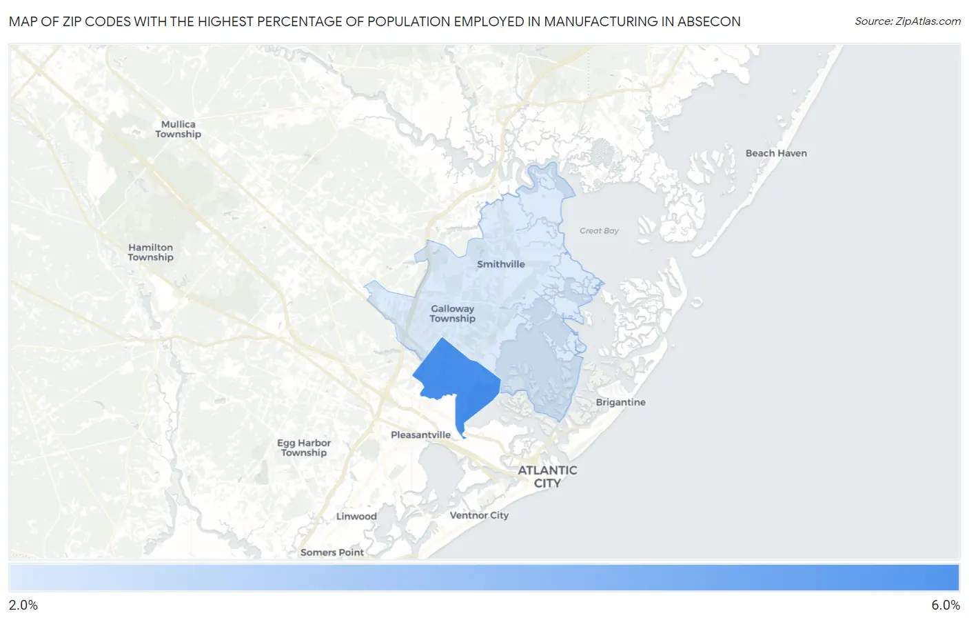 Zip Codes with the Highest Percentage of Population Employed in Manufacturing in Absecon Map